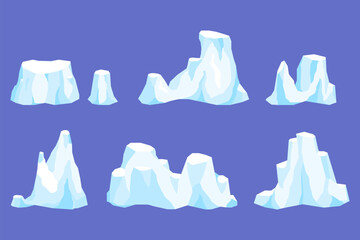 Set of floating glaciers, iceberg in the North Sea or Arctic Ocean. Peak melting ice, rocks in Antarctica. Natural icy snowy mountains in winter. Flat vector cartoon isolated on blue