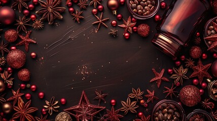 Holiday spices and ornaments arranged as a festive frame