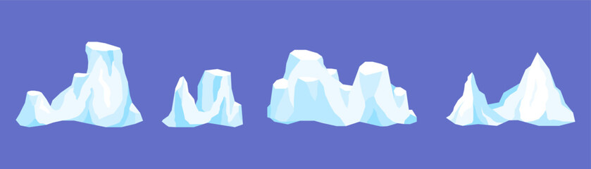 Set of floating glaciers, iceberg in the North Sea or Arctic Ocean. Peak melting ice, rocks in Antarctica. Natural icy snowy mountains in winter. Flat vector cartoon isolated on blue