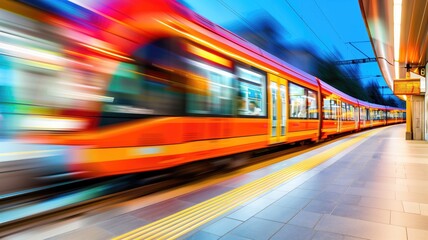 Fototapeta na wymiar Motion blur of a high-speed orange train at a station