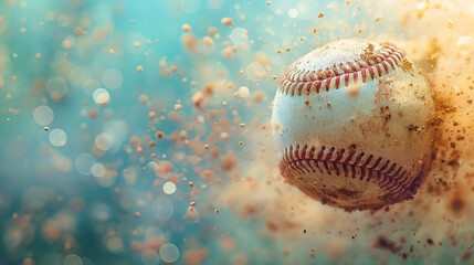 Fototapeta na wymiar Closeup of a baseball surrounded by explosion of dirt and sands from the field on the air