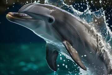 closeup of dolphin in the air, splashes and facial details clear