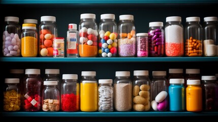 Colorful pills and capsules in glass jars on blue shelves - obrazy, fototapety, plakaty