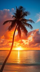 Palm tree silhouette on a tropical beach during sunset with a vibrant orange sky and calm sea