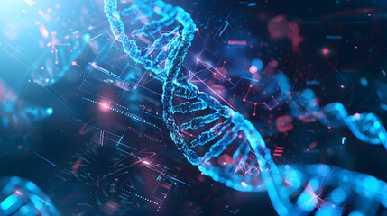 Genetic Luminescence and Vivid Depiction of DNA Strands in Cyberspace with neon blue and pink lighting against a backdrop digital.