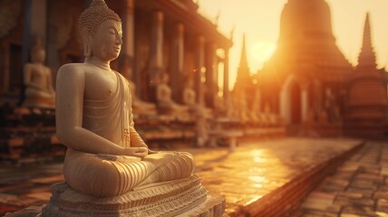 Golden sunrise illuminating a serene Buddha statue
