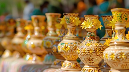 Fototapeta na wymiar A display of colorful, hand-painted ceramic pottery