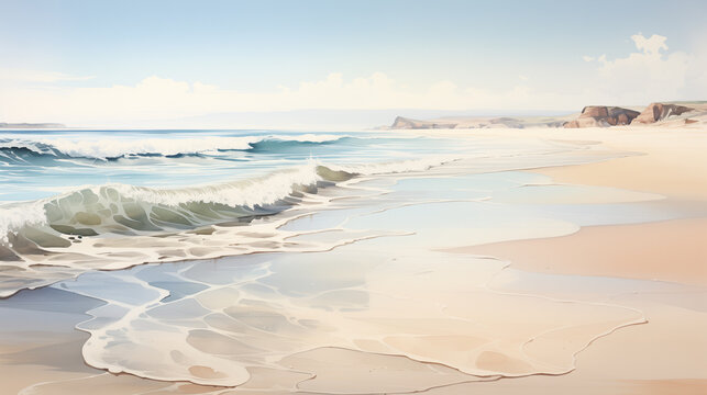 A digital painting of pristine beach with foamy waves gently rolling onto the sand and cliffs in the distance under a clear sky.