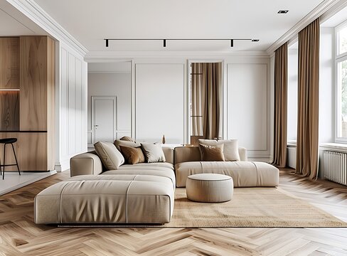 A photo of a large, cozy modern living room with a wooden floor, white walls and a beige sofa in the center