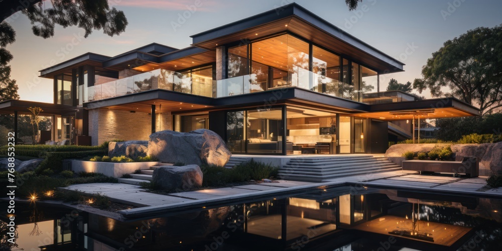 Poster modern house with front pool generative ai