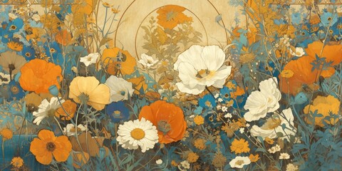 A painting of flowers featuring orange and white poppies, yellow daisies, and brown marigolds 