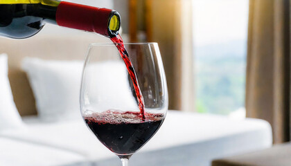 高級ホテルの部屋でワイングラスに赤ワインを注ぐ瞬間