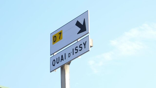 Quai d'Issy and D7 road sign on the Peripherique near Paris, France