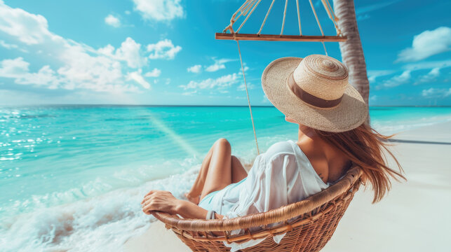 Woman relaxes and enjoys the sun on vacation at the beach in a wicker hammock