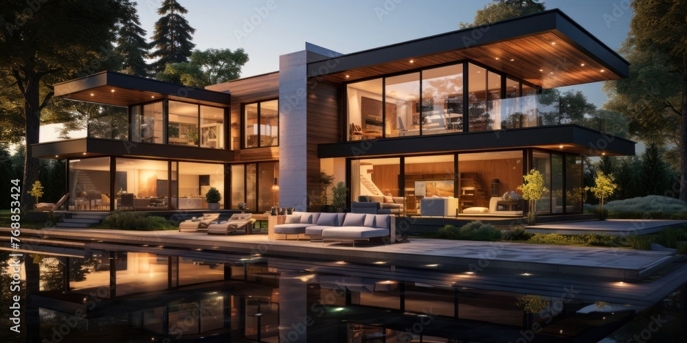 Poster modern house with pool generative ai