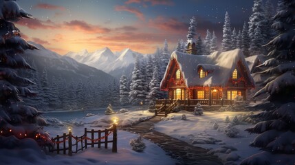 Enchanting Winter Evening: A Snow-Covered Cabin Nestled Amidst Pine Trees Under the Majestic...