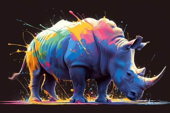 A rhino made of colorful paint splashes, on a black background
