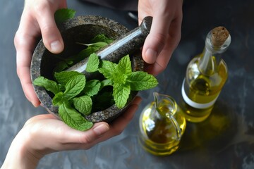 hands holding a mortar and pestle with fresh mint leaves, oil bottle beside - obrazy, fototapety, plakaty
