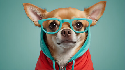 a Chihuahua with oversized turquoise glasses and a red hoodie, creating a humorous and anthropomorphic effect against a teal background