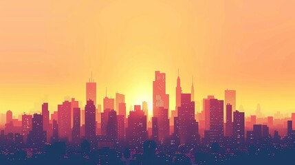 panoramic view of a city skyline at sunset with silhouetted buildings against an autumn-colored sky