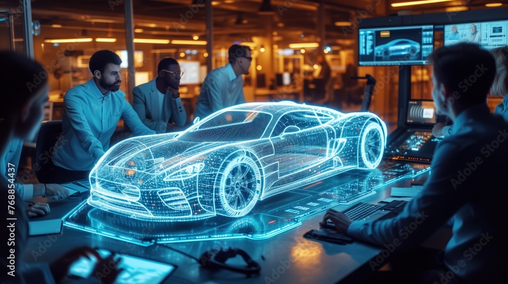 Poster group of professionals discussing a car model on a holographic display. a high-tech automotive desig