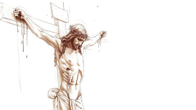 Sketch of a Jesus on a cross, sepia-toned, with stark shadows