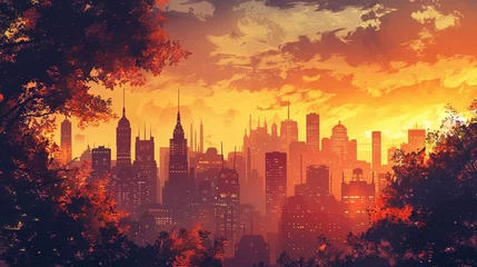 Deurstickers panoramic view of a city skyline at sunset with silhouetted buildings against an autumn-colored sky © Boraryn