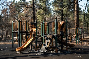 scorched playground equipment in a forest park