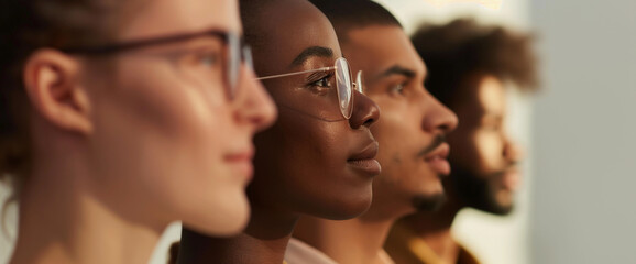 Diverse group of people, different skin colors and gender, standing in a line, profile side view - obrazy, fototapety, plakaty