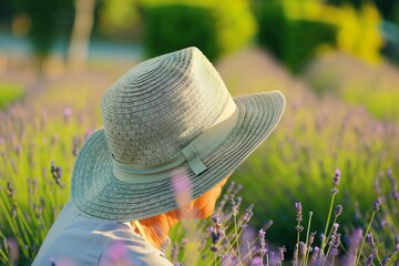 person wearing a sun hat planting lavender in a field