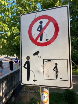 Street sign warning against urinating in Tirana, Albania