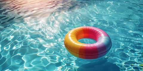 A colorful inflatable ring floats peacefully on the tranquil waters of a pool, symbolizing relaxation and the laid-back essence of summer. leisure laid-back, vacation swimming float sunny calm - obrazy, fototapety, plakaty