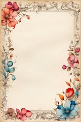 Design-Vorlage - Aquarell-Style - farbiger Rahmen mit Ornamenten und bunten Blüten