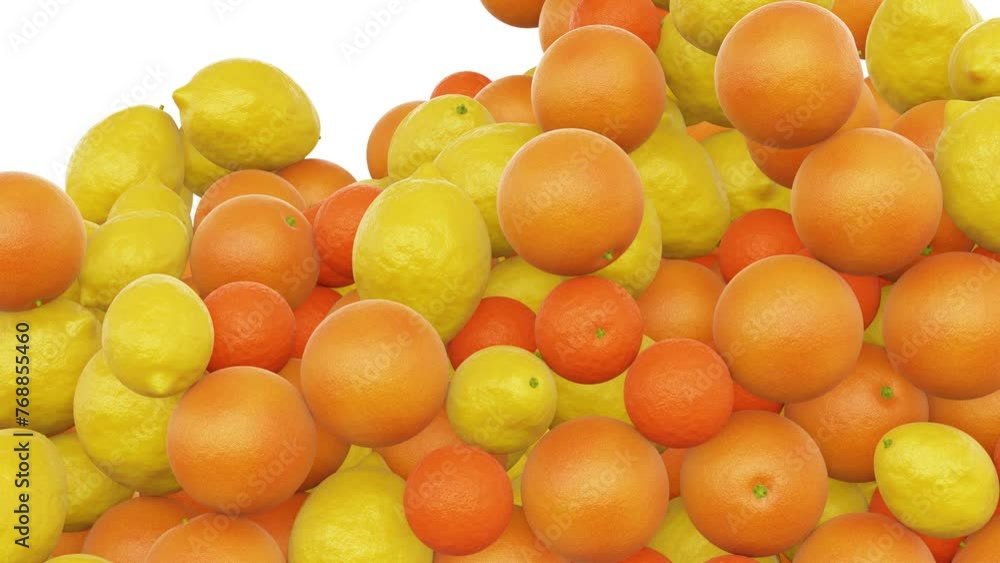 Poster realistic 3d animation of the fresh ripe grapefruits, tangerines or mandarins and lemons falling fro