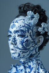 Beautiful woman with floral body painting and face mask in blue and white colors, artistic and vibrant body art concept