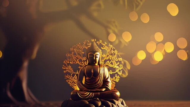 Golden  Buddha statue meditating with a crystal ball under a decorative Bodhi tree, illuminated by a warm bokeh light background generative ai  