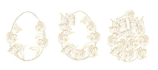 Golden Easter egg set with tulips flower background, hand drawn floral elements for spring holiday. tor illustrations for card or invitations