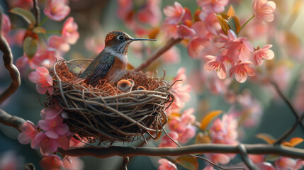 A delicate hummingbird tends to its chicks in a nest surrounded by vibrant pink flowers.