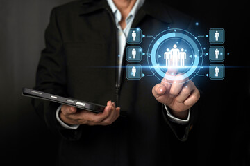 Dynamic concept of human resource management, a professional HR person navigates intricate network...