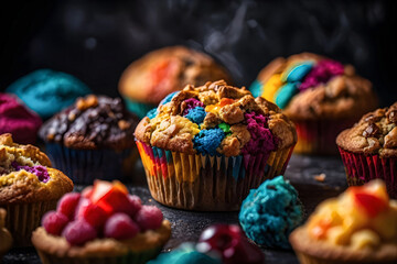 Capture a close-up image of various muffins arranged in a rainbow pattern, showcasing their vibrant...