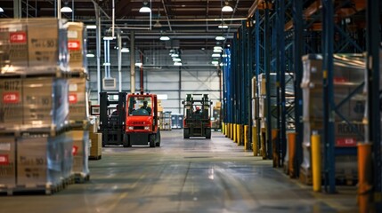 Naklejka premium photograph of Forklifts at the Ready: In the delivery center, forklifts stand ready to tackle the heavy lifting, their powerful 