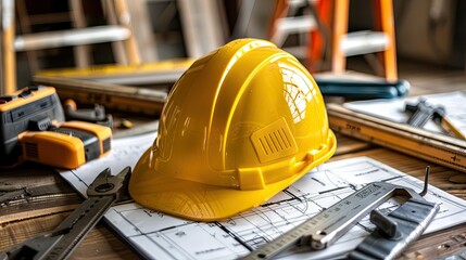 close up of yellow construction helmet on table