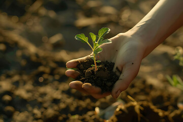 Fototapeta premium Renewable energy concept Earth Day or environment protection Hands protect forests that grow on the ground and help save the world.