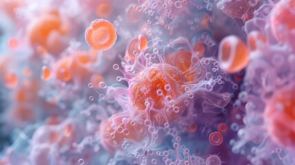 Close-up photography revealing the microscopic world of immune response, as white blood cells engage in a relentless pursuit of bacteria