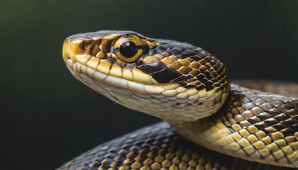 Fototapeta premium Snake head isolated on a black background with copy space. AI