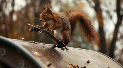 A dynamic image of a squirrel effortlessly doing a trick on a skateboard, surrounded by the natural colors of fall