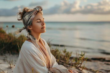 Beautiful young woman sitting on the beach mediating - obrazy, fototapety, plakaty