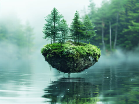 Surreal small spherical island with trees, suspended in the air above a lake.