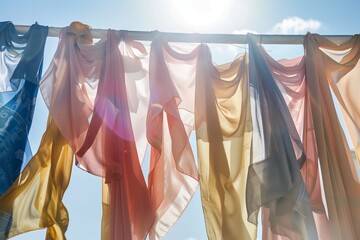 outdoor rack with hijabs fluttering in the breeze on a sunny day - obrazy, fototapety, plakaty