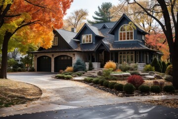 Suburban House With Driveway Surrounded by Trees Generative AI